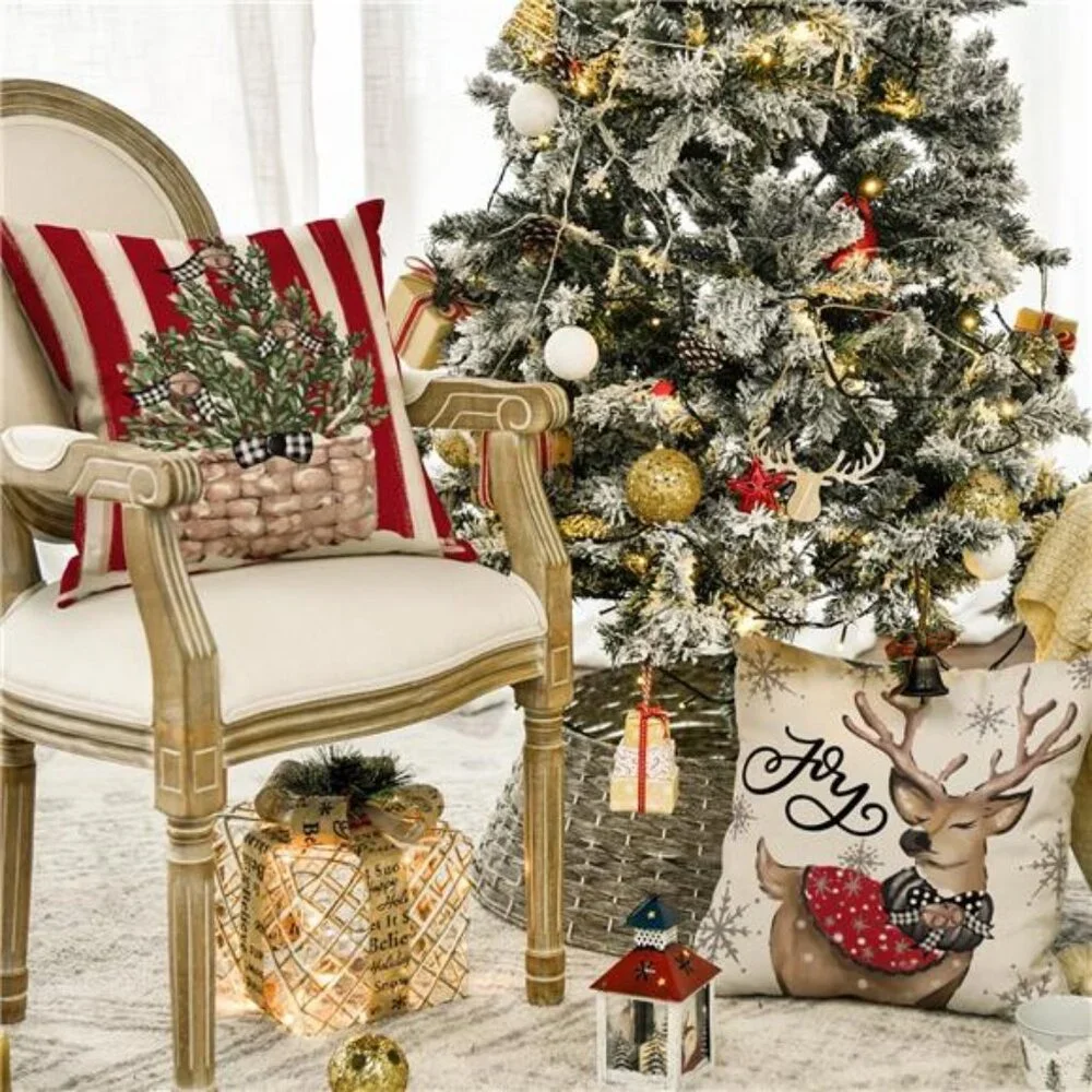 Christmas Snowman Reindeer Gloves Eucalyptus Red Throw Pillow Covers, 20 x 20 In